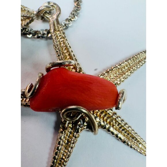 Vintage Sterling Silver 925 Chain Necklace w/ Starfish Pendant Red Coral Center - Picture 8 of 15